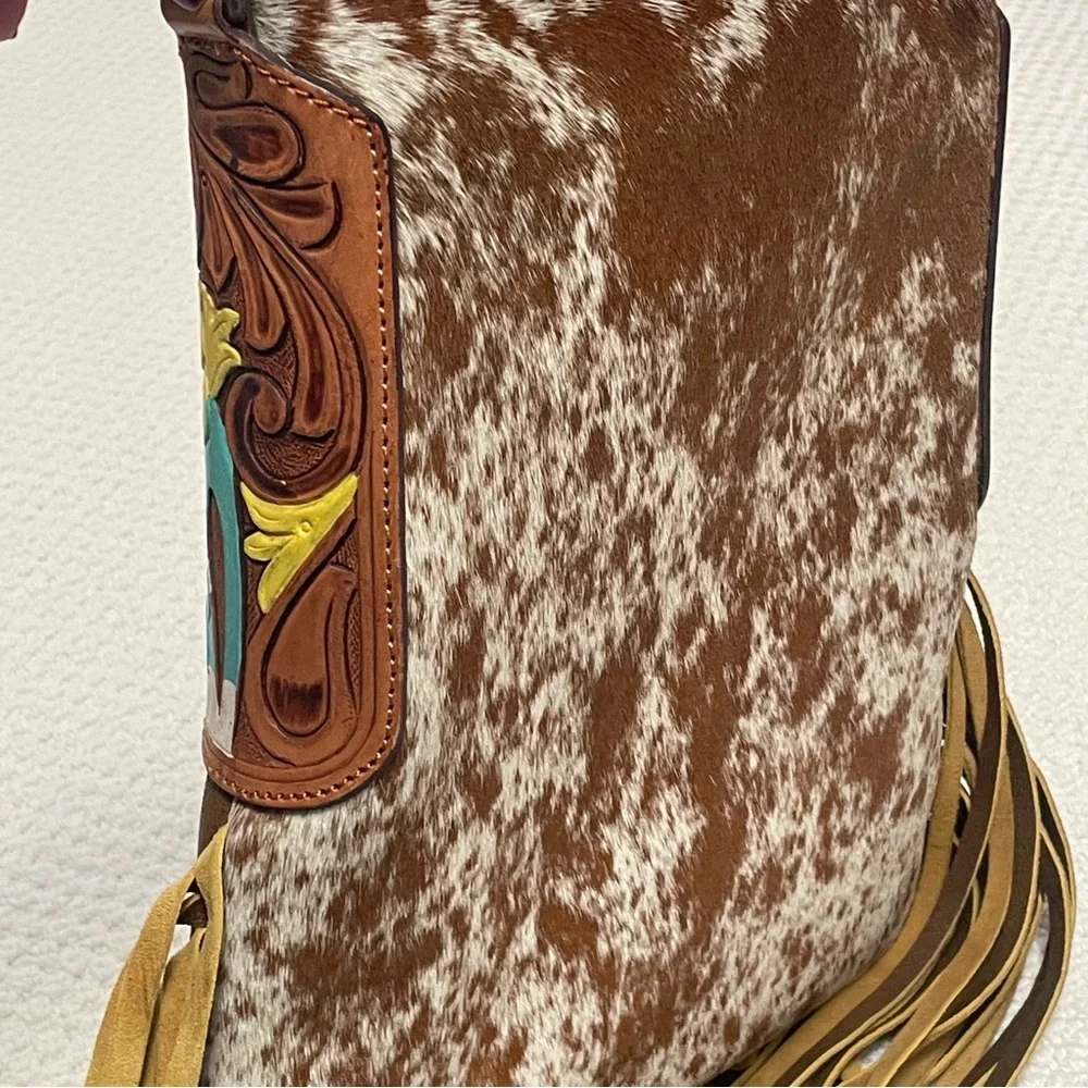 American Darling Cow Print Hair Fringe Western Purse Crossbody Messenger Bag - Picture 8 of 13